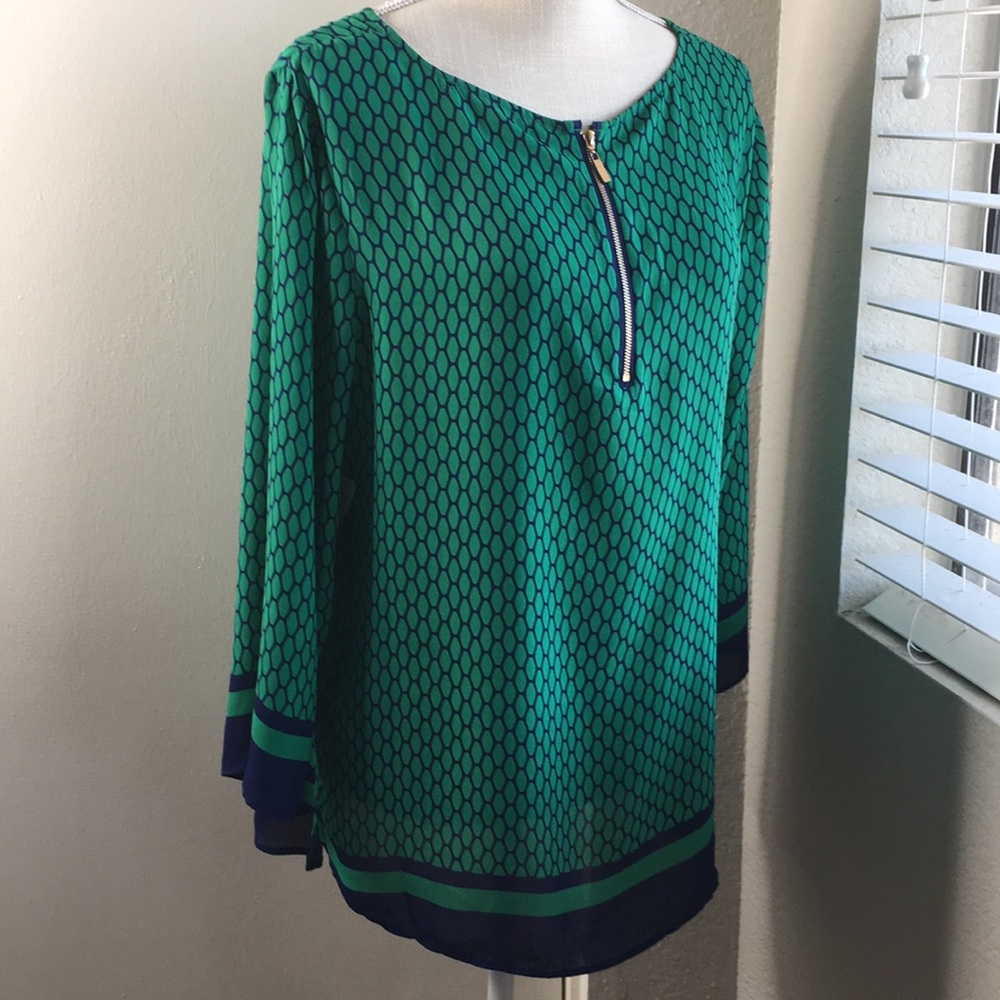 Blue and green rose and olive zipper blouse